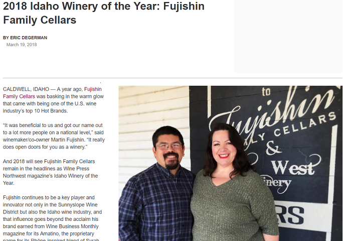 2018 - Named Idaho Winery of the Year for 2018 by Wine Press Northwest Magazine
